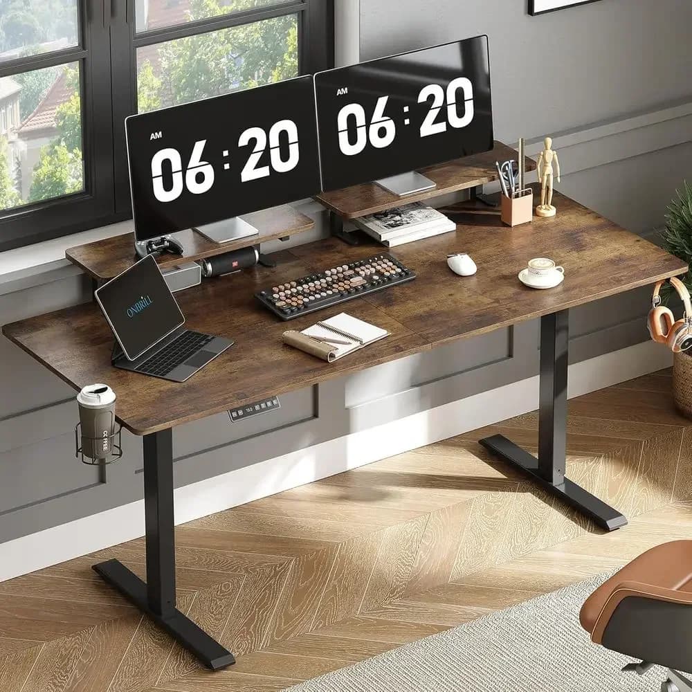 Electric Height-Adjustable Standing Desk with 2 Monitor Shelves, 71x24, Memory Controller, 28-46 Range, Rustic Brown