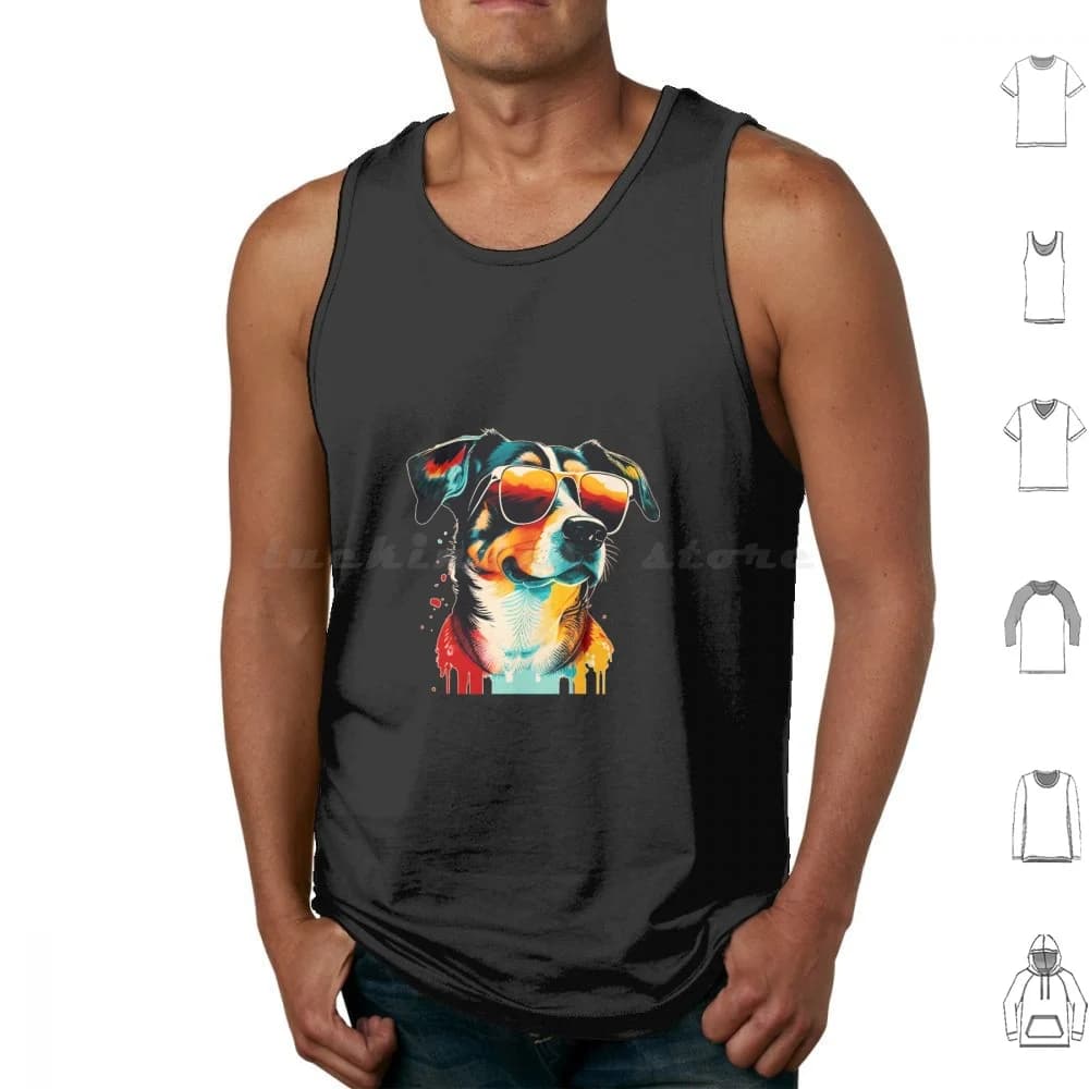 Funny Smiling Street Dog Face With Sunglasses Tank Tops Print Cotton Dog Smiling Street Animals Funny Graffiti Art Humor