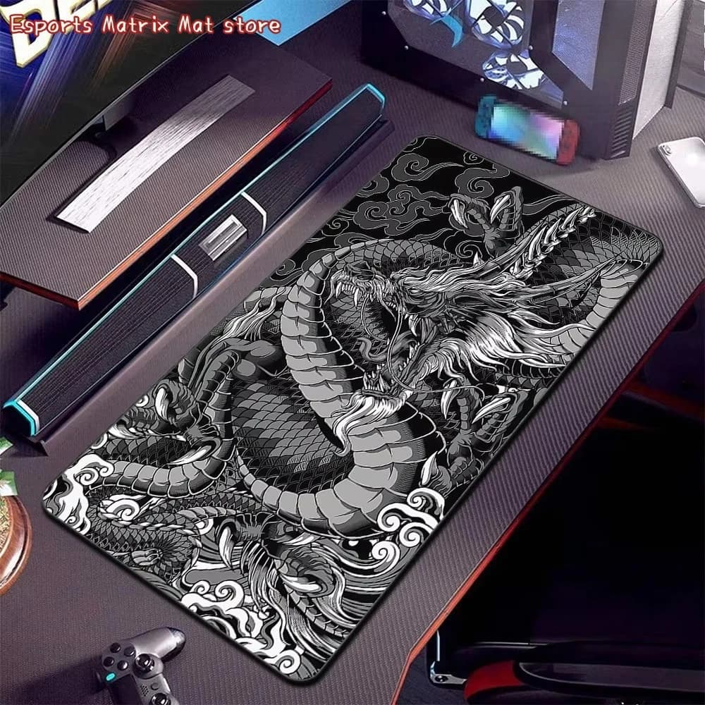 Tappetino per mouse da gioco grande con drago cinese, bianco e nero, motivo accattivante, antiscivolo, impermeabile, per accessori per computer portatile