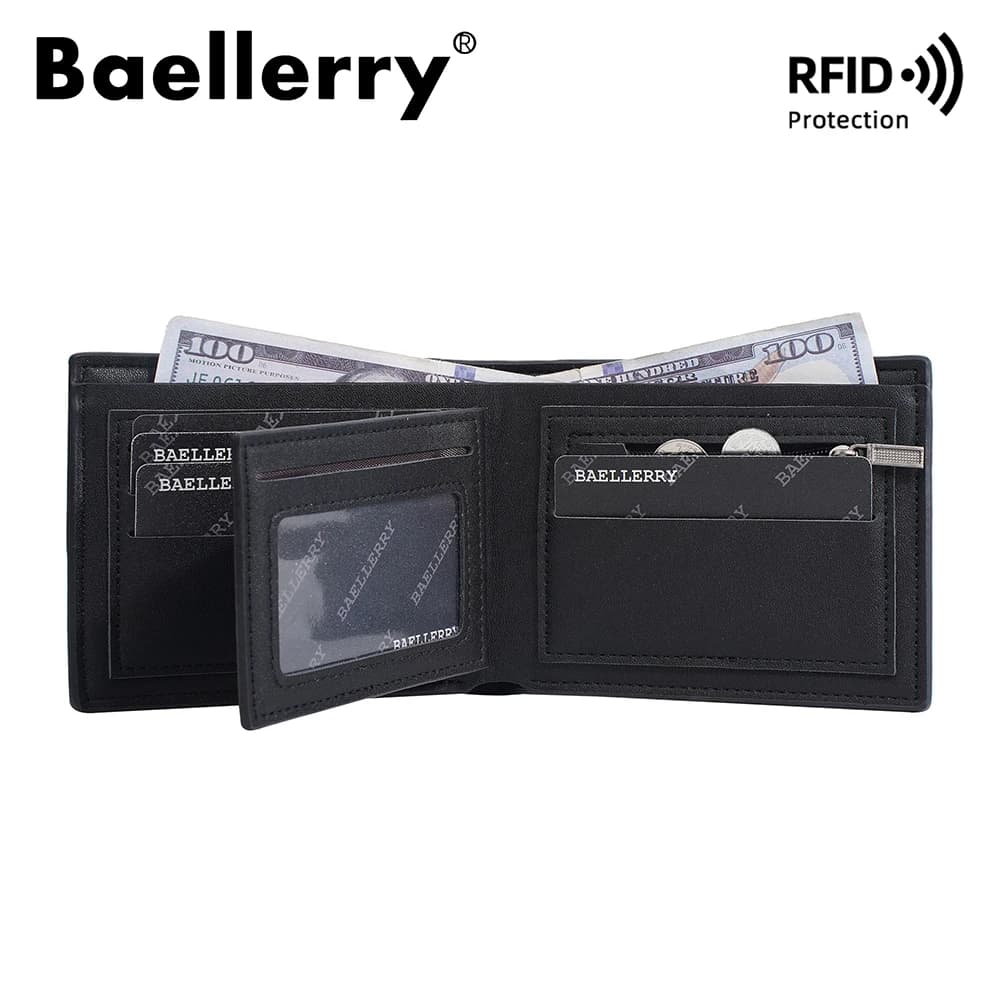 Baellerry Portafoglio da uomo con blocco RFID corto bifold, porta carte in pelle anti-sfondamento premium con tasca portamonete con cerniera, sicuro M