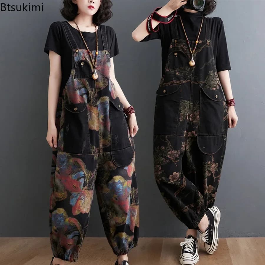 Nuovo 2026 Tuta di jeans con stampa allentata moda donna con grandi tasche Salopette casual vintage Jeans da donna Cinghie Pantaloni oversize