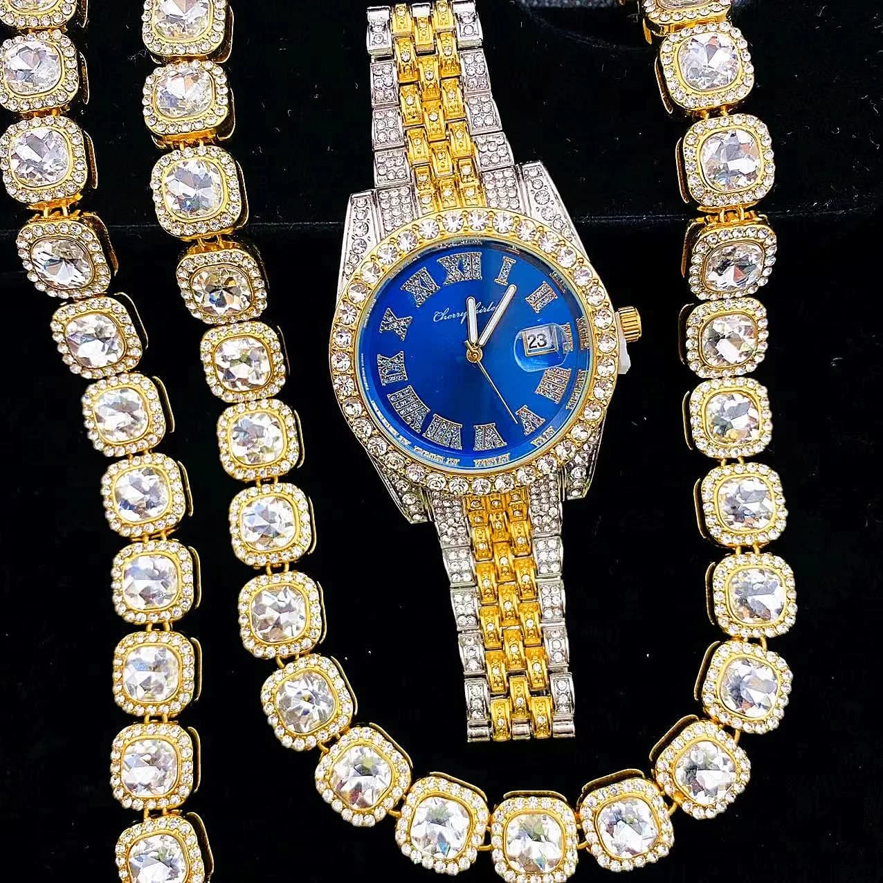 3 pezzi completamente ghiacciato orologi da uomo in oro cubano tennis catena a maglie braccialetto collana bling donne per uomo gioielli hiphop set di orologi da uomo