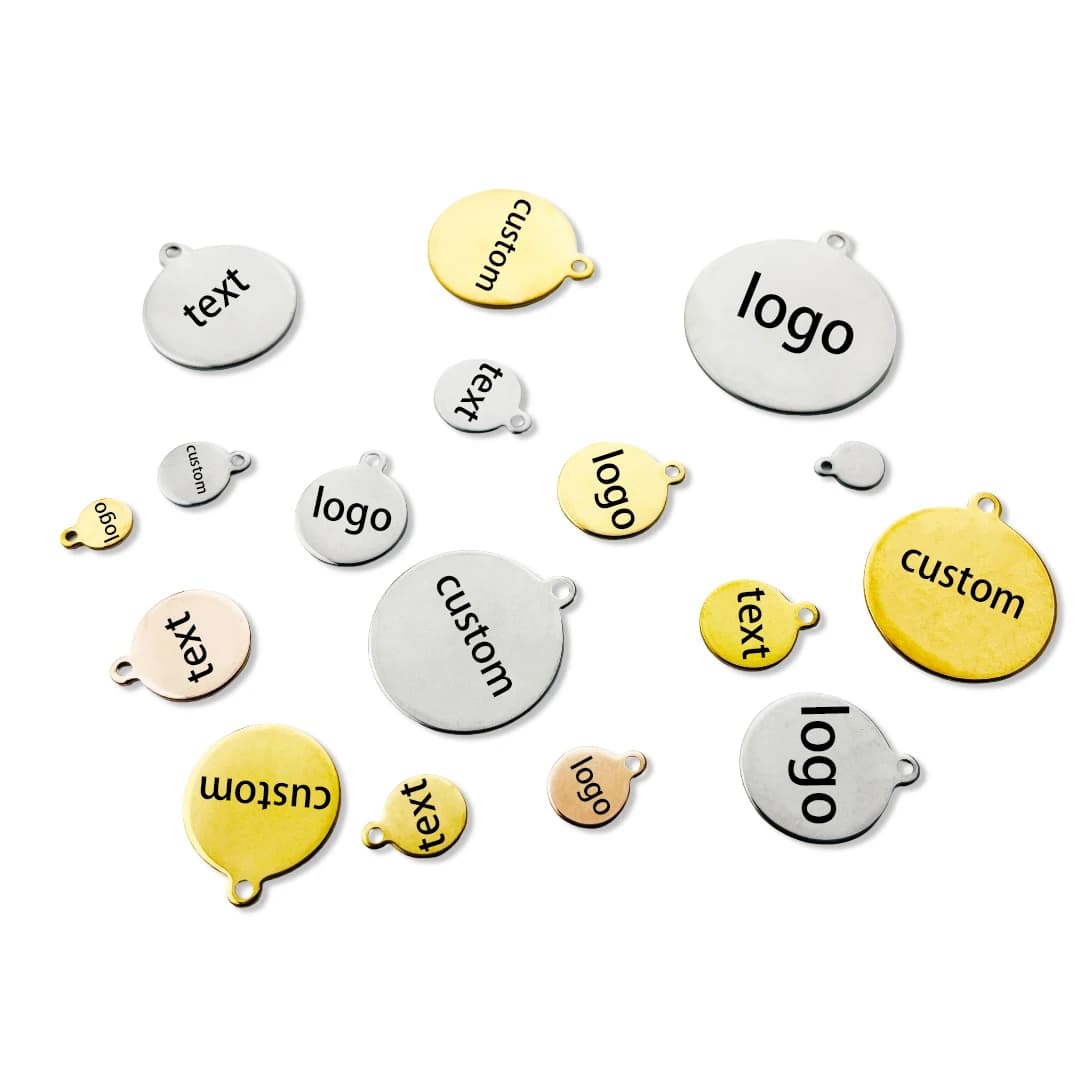 20/50 pcs Custom Laser Engraving Logo Name Tag 6-25mm Stainless Steel Out Custom Charm Forum Outer Chain Coda Tag Jewelry