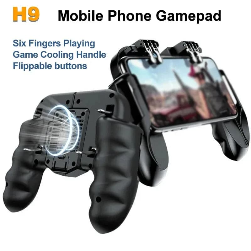 H9 6 Dito Gioco Del Telefono Mobile Trigger Gamepad Joystick Controller con Radiatore Obiettivo di Ripresa L1R1 Tasto Chiave PUBG per IOS Android