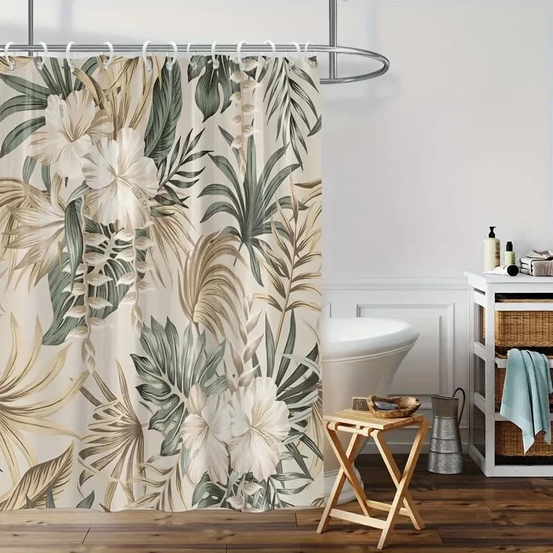 1pc Premium Tropical Hibiscus Flower Print Shower Curtain 180.34x180.34 cm - Machine Washable Polyester Bathroom Decor with 12 H