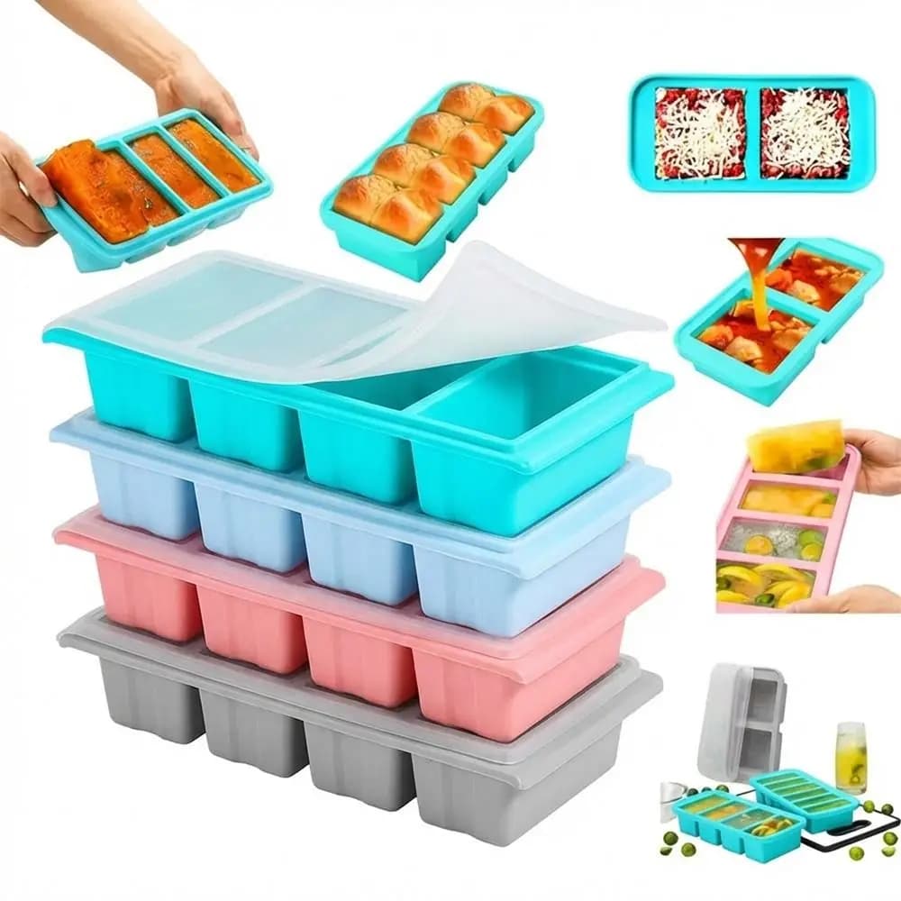 Stampo per Cubetti di Ghiaccio in Silicone Durevole con 3/4 Scomparti, Extra Large, per Congelamento Alimenti, con Coperchio, Riutilizzabile