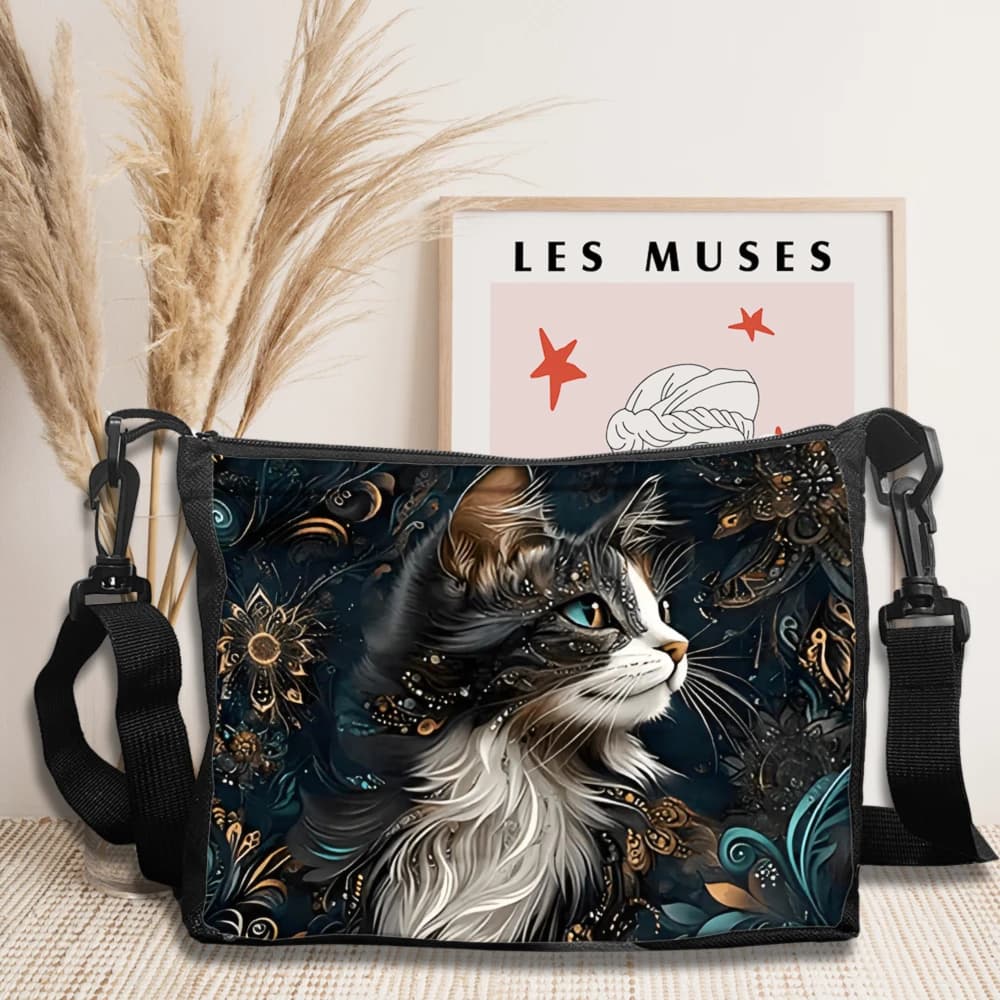 Borsa a tracolla chic con gatto nero e motivo floreale Borse a tracolla leggere ed eleganti da donna Borsa da campeggio con tracolla regolabile