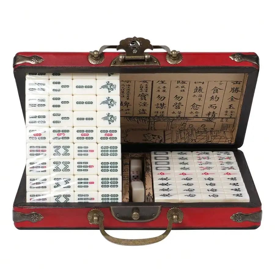Portable Chinese Small Mahjong Game Set With 144 Tiles And Carry Case For Home Entertainment, Chinese Style Game Play
