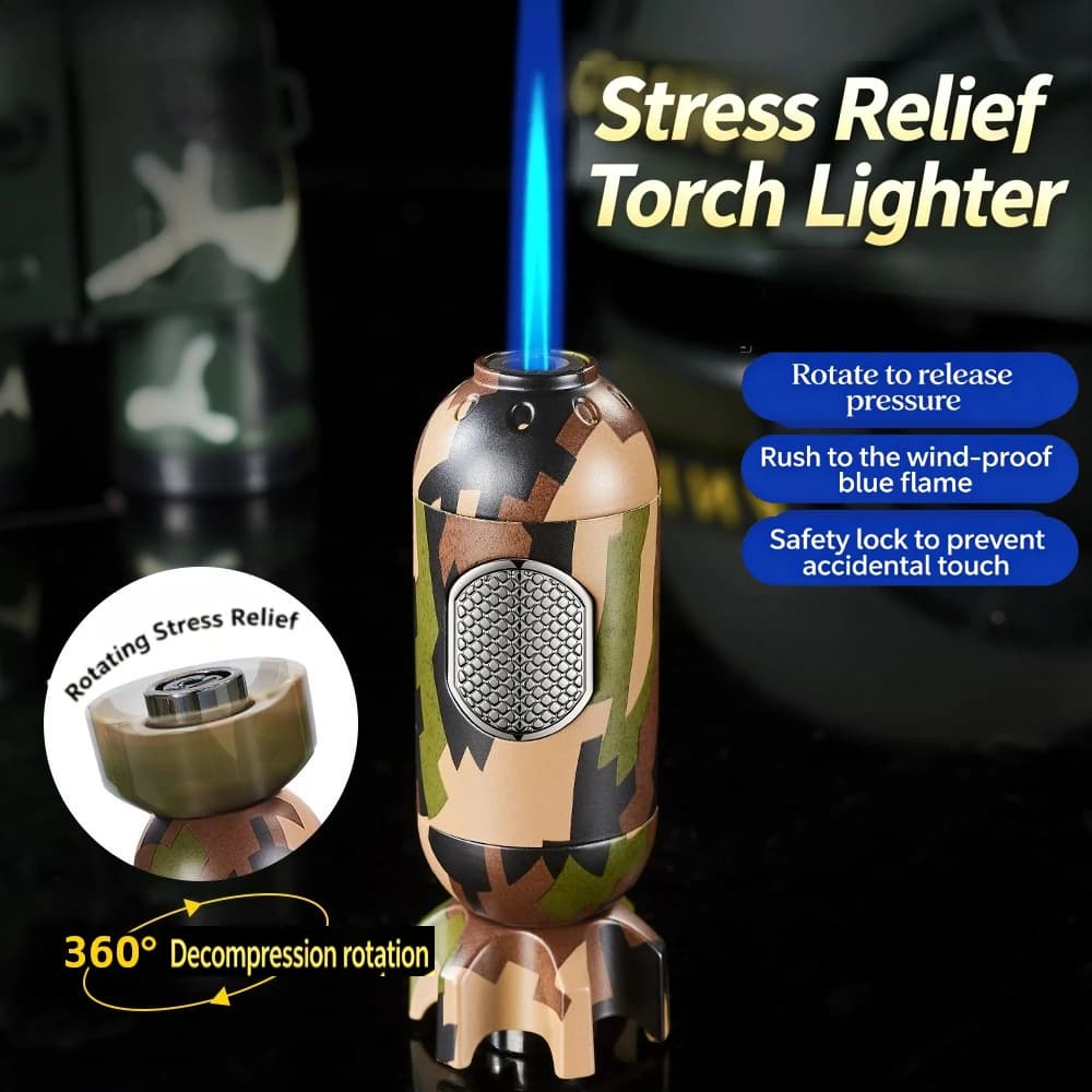 Accendino antivento a fiamma jet con fidget spinner, accendino a butano creativo, torcia antistress con blocco di sicurezza