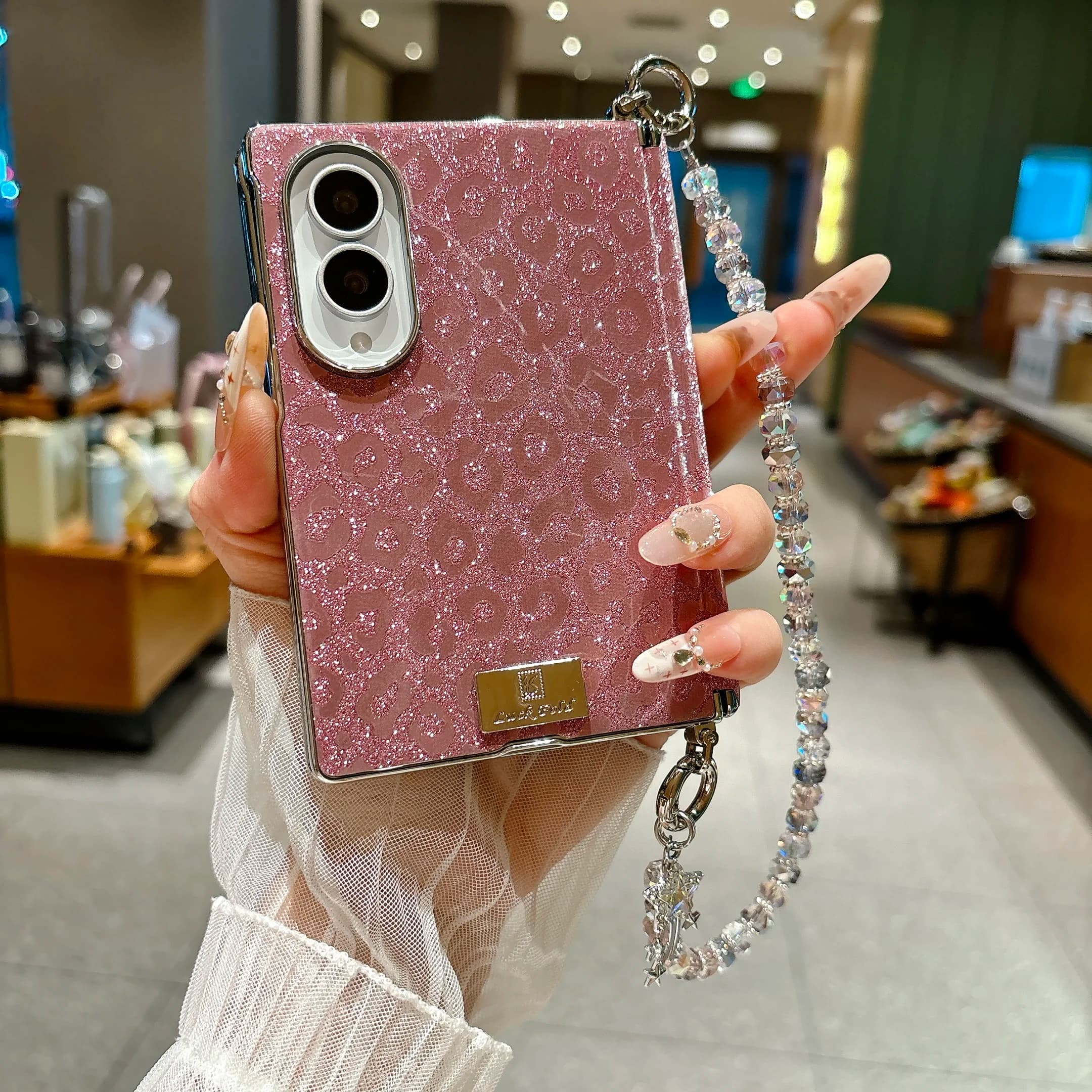 Fashion Glitter Leopard Print Leather Case For Samsung Z Fold 8 Wide Hinge Protection Shockproof Precise Cutouts Strap Cover