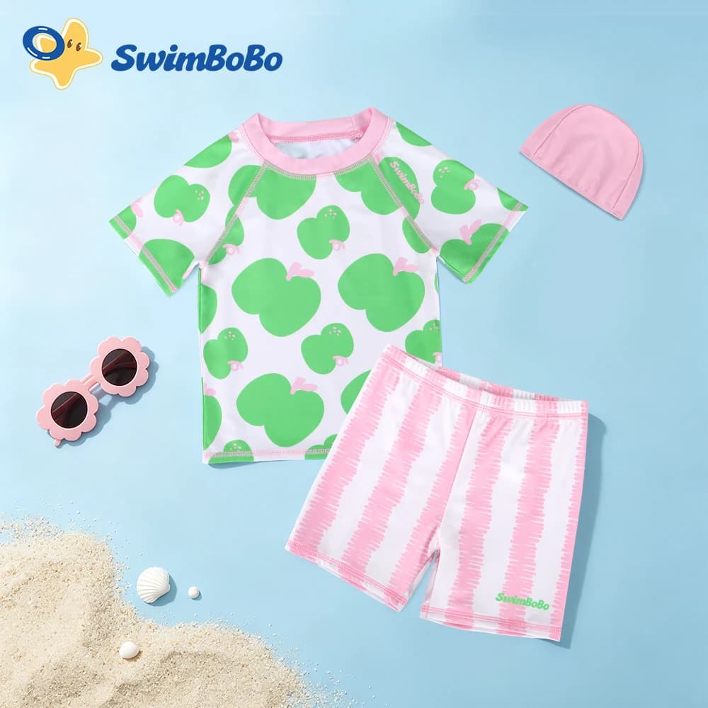 English: Cute Apple Print Girls Swimsuit Set Short Sleeve Split Swimming Suit with Swim Cap Breathable Quick-Dry Kids Beachwear