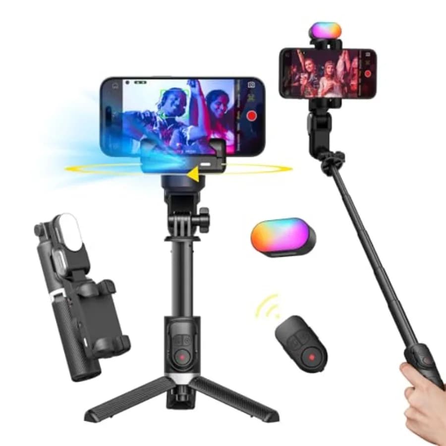 Gimbal Stabilizer for Smartphone 4 in 1 with 360° rotation for iPhone/Android, Selfie Auction and Treppiede with Automatic Face Tracking