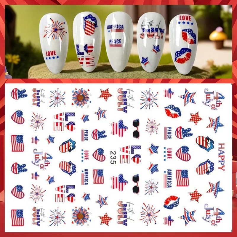 1 foglio di 4 luglio adesivi per unghie Giorno dell'Indipendenza Decalcomanie per unghie patriottiche Autoadesive Giorno commemorativo USA Bandiera Stella Nail Art Slider