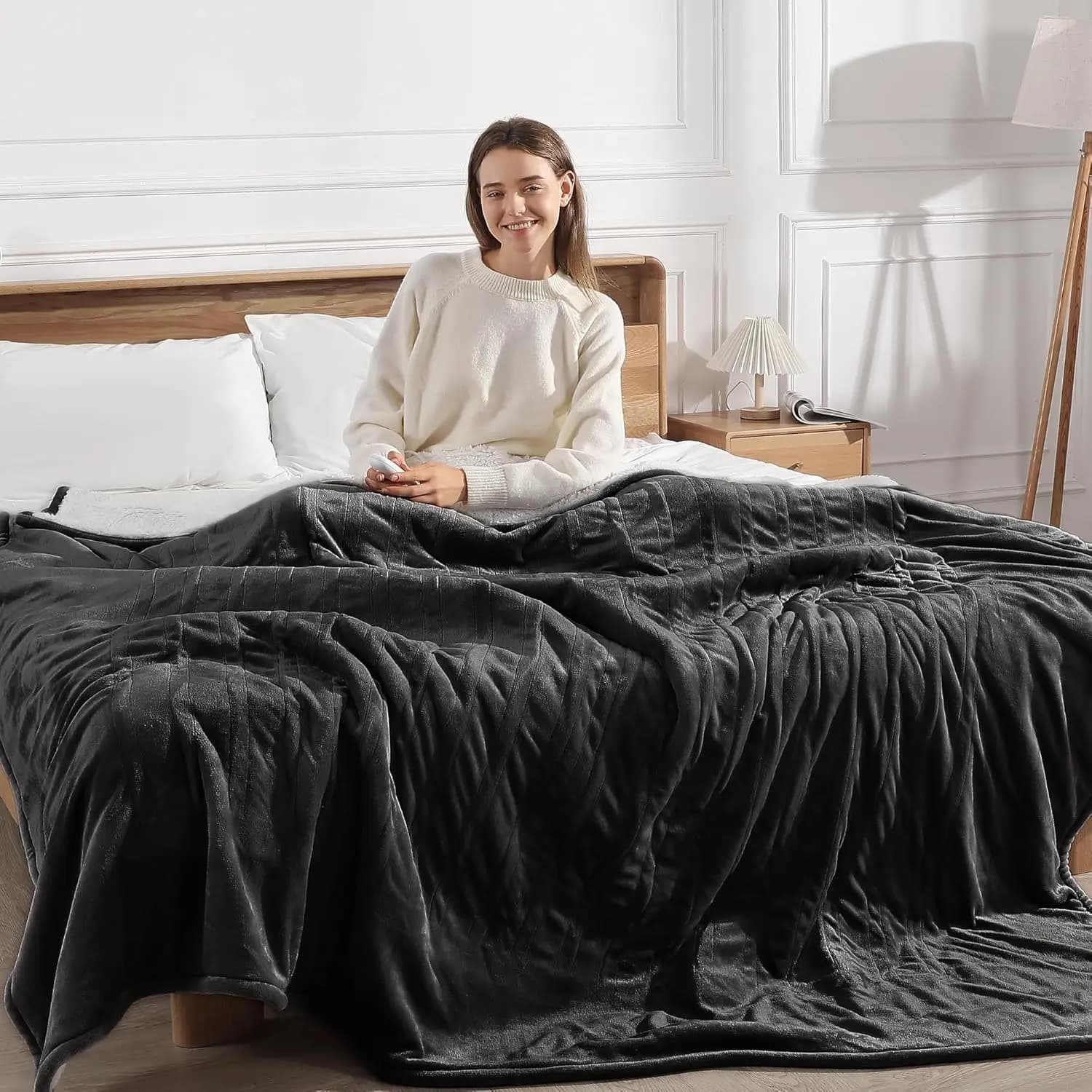 Coperta riscaldata elettrica Queen Size con doppi controller, 5 livelli di calore e spegnimento automatico, morbida flanella Sherpa