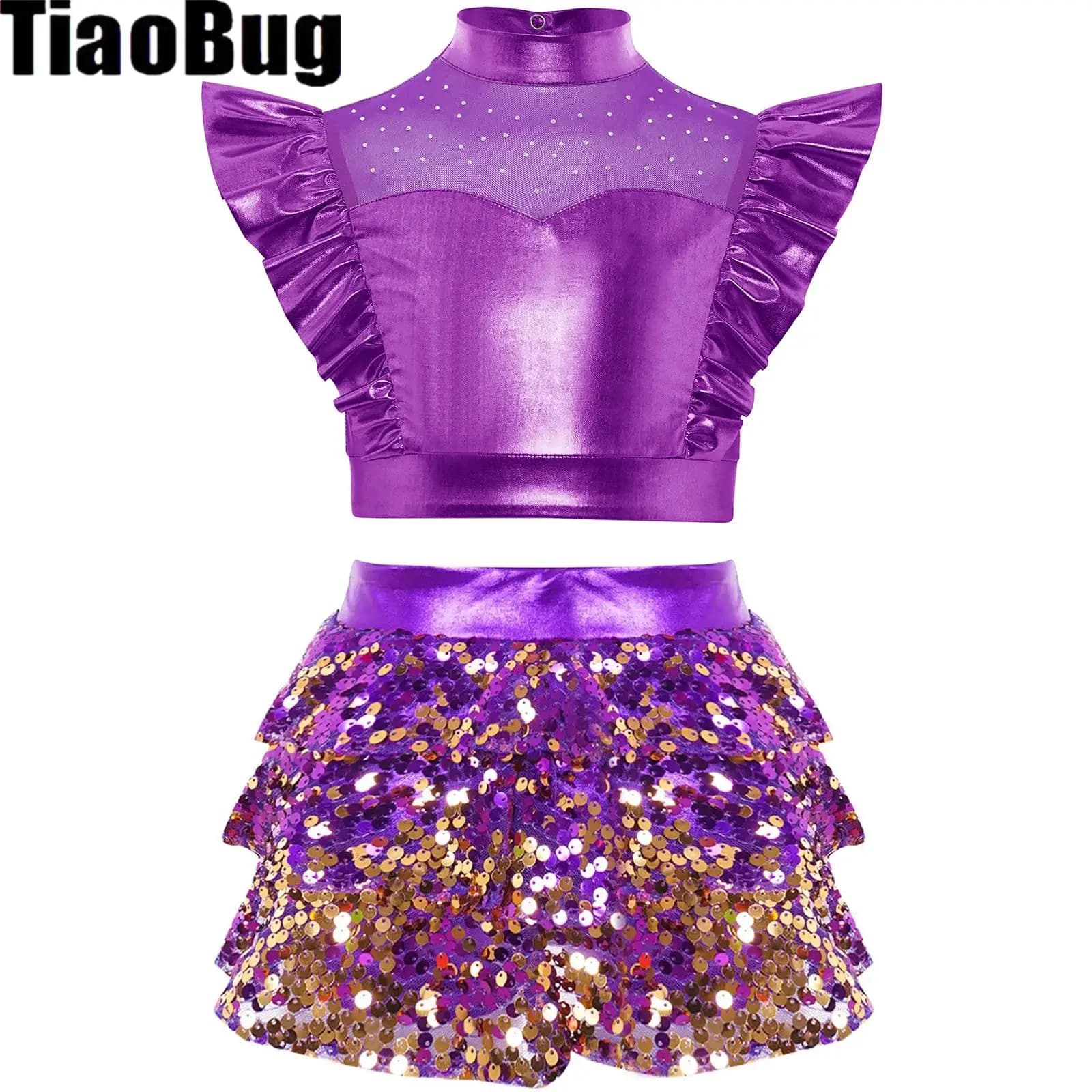 Vestito da ballo jazz per ragazze con strass, top corto in rete metallica senza maniche con gonna a strati con paillettes, culotte, set da cheerleader hip-hop
