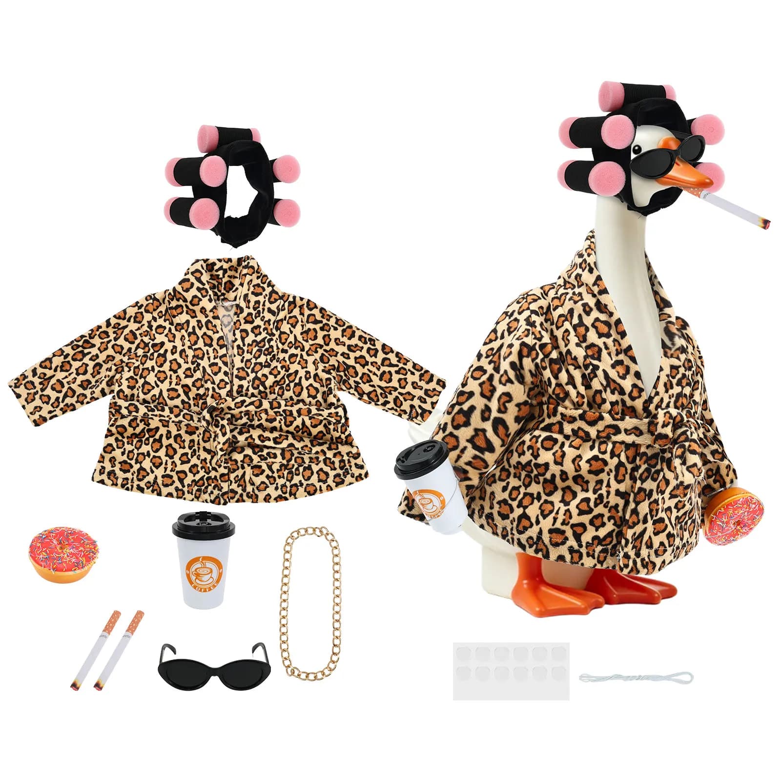 Lady Porch Goose Outfit Bathrobe Eye Catching Goose Costume Bathrobe with Curler Coffee Cup and Sunglasses for 23" Geese Statue