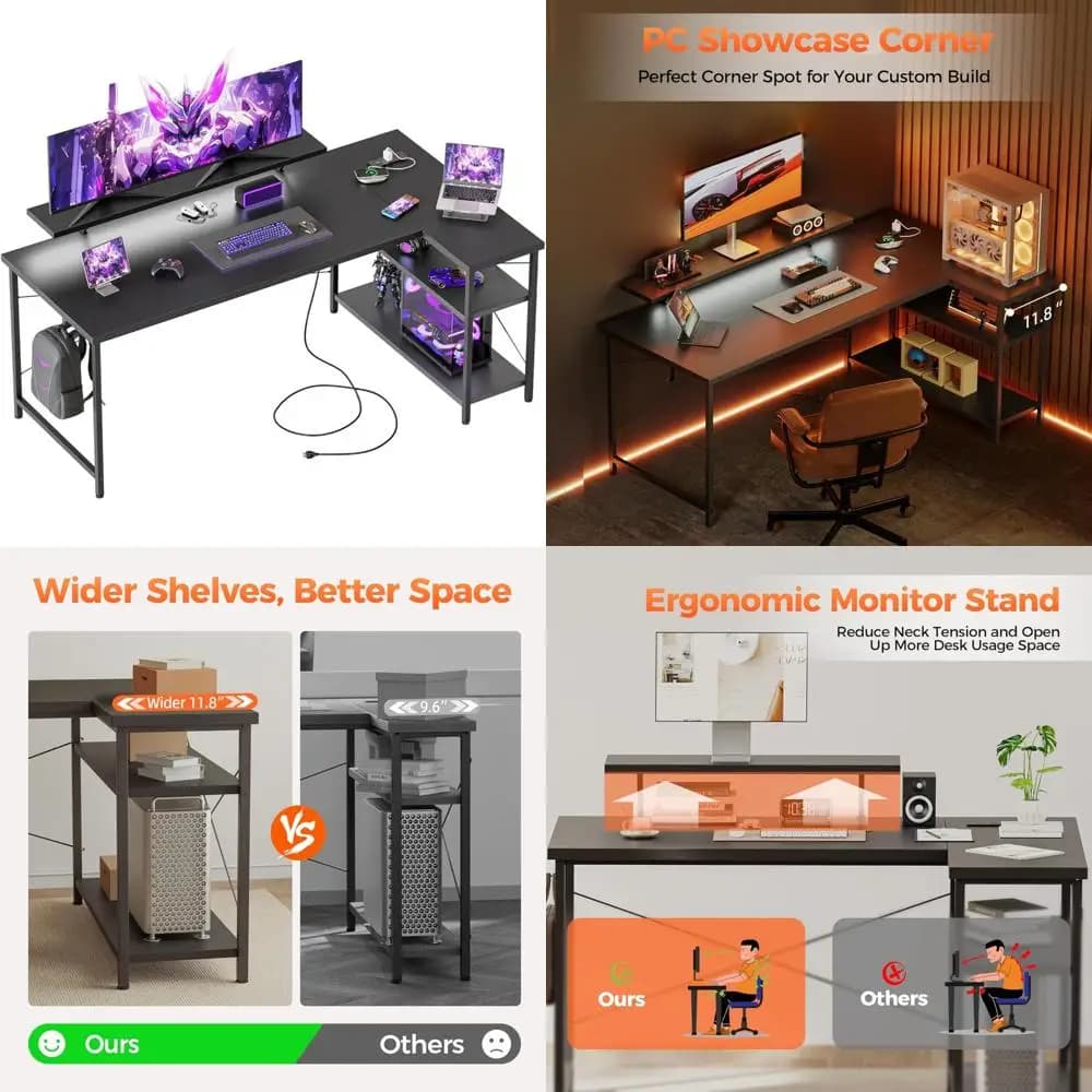 Corner play desk with support for storage and monitor, L-shaped computer desk, reversible with power sockets, ideal for players and O