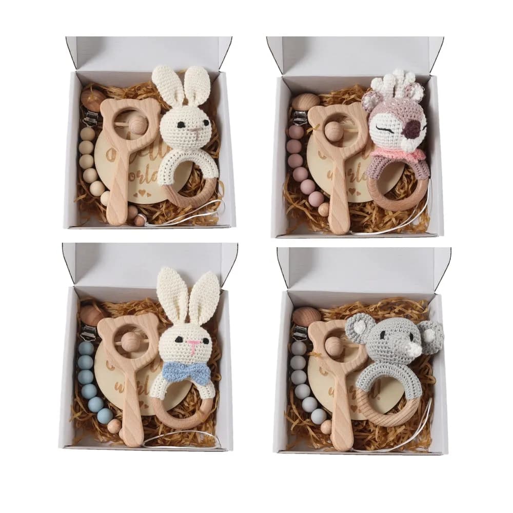 Set regalo per neonato da 4 pezzi - Clip per ciuccio con sonaglio all'uncinetto per bambini, massaggiagengive, set di sfondo per fotografia giocattolo coniglietto e elefante