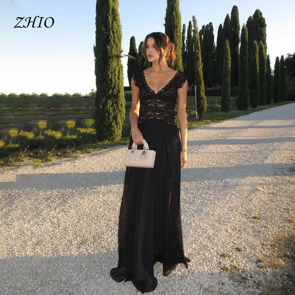 ZHIO Abito lungo sexy con scollo a V in pizzo da donna vedere attraverso scava fuori pieghe in vita affusolata abito da sera abiti da sposa