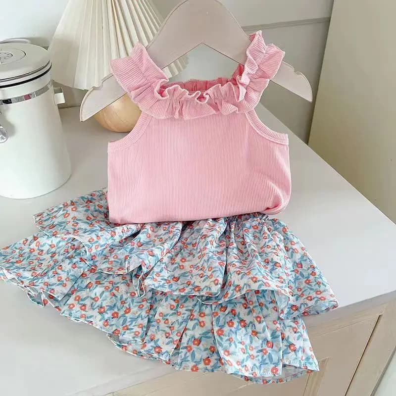 Set mezza gonna da ragazza estiva T-shirt senza maniche girocollo rosa moda Top Gonne stampate a fiori per ragazze dolci 2 pezzi