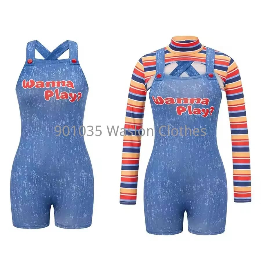 Costumi di Halloween per donne Spaventoso Nightmare Killer Doll Wanna Play Personaggio del film Body Chucky Doll Costume cosplay Set da 2 pezzi