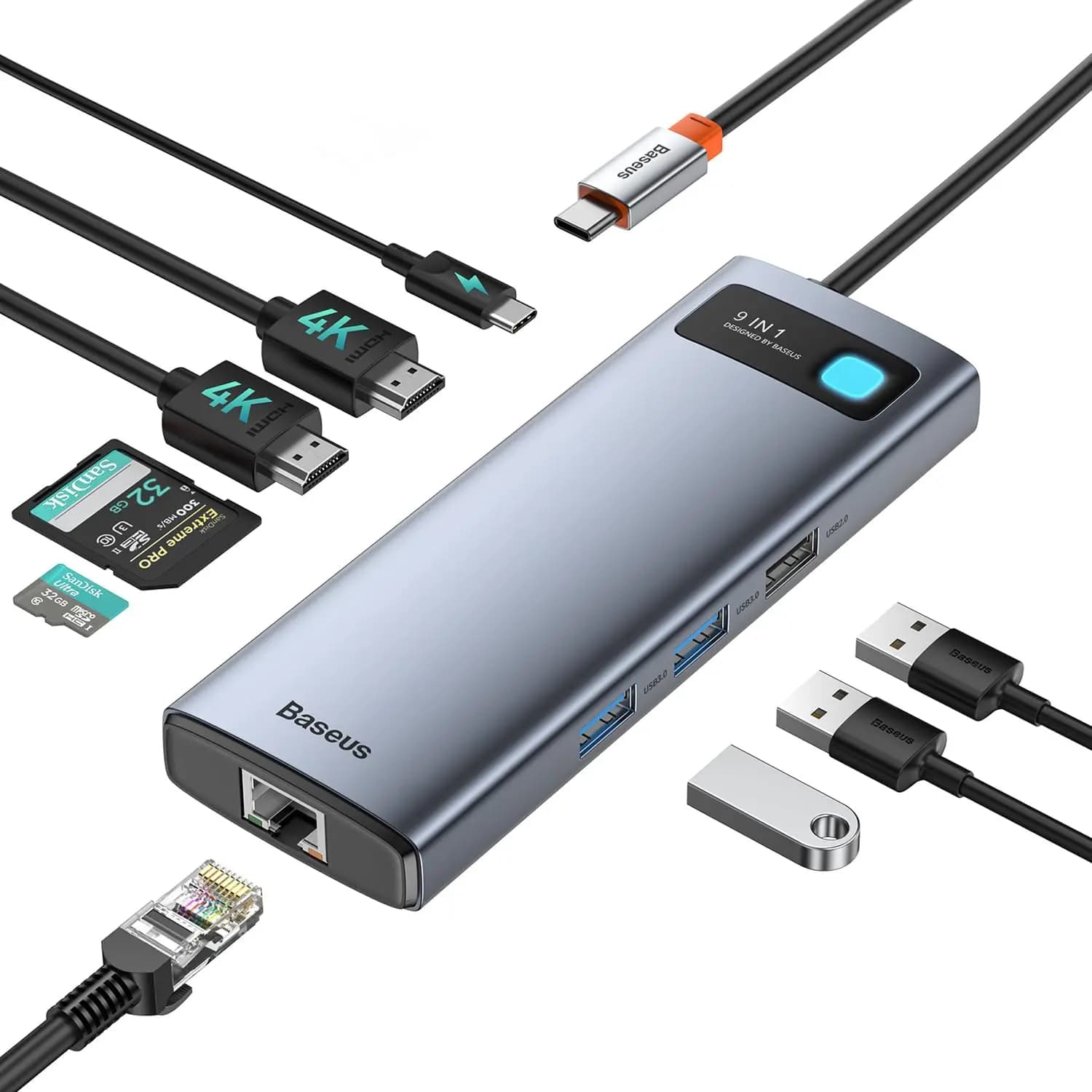 Docking Station USB C 9-in-1 con Doppio HDMI 4K, Ethernet Gigabit, PD 85W, Lettore Schede SD per Laptop
