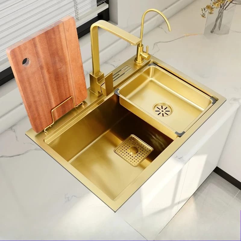 Lavello grande singolo in acciaio inossidabile 304 con nanotecnologia oro, lavello da cucina per verdure con portacoltelli, lavabile in lavastoviglie, fatto a mano per uso domestico