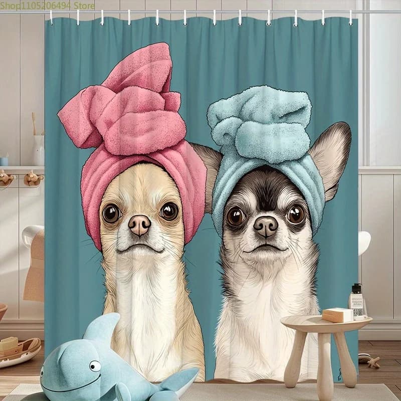 1 pezzo stravagante chihuahuas con asciugamani tenda da doccia artistica digitale, con cani giocosi dei cartoni animati con occhi grandi, bagno