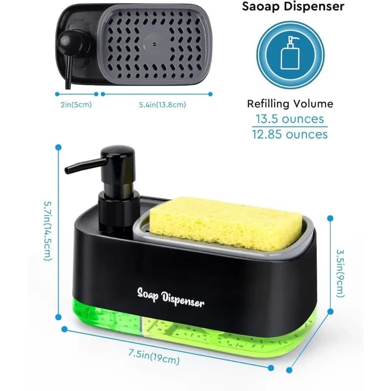 3 in 1 Dish and Hand Soap Dispenser, Kitchen Sink Sponge Holder Organizer, Leak-Proof Countertop Liquid Soap Pump
