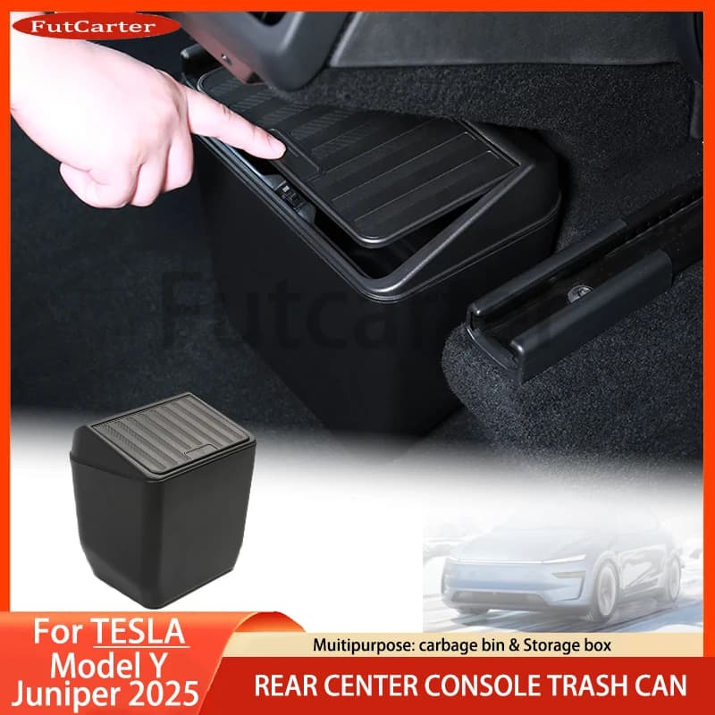 For Tesla Model Y Juniper 2025 Rear Seat garbage bin Central containers Storage box Cover Press Open Design Non Destructive Installation