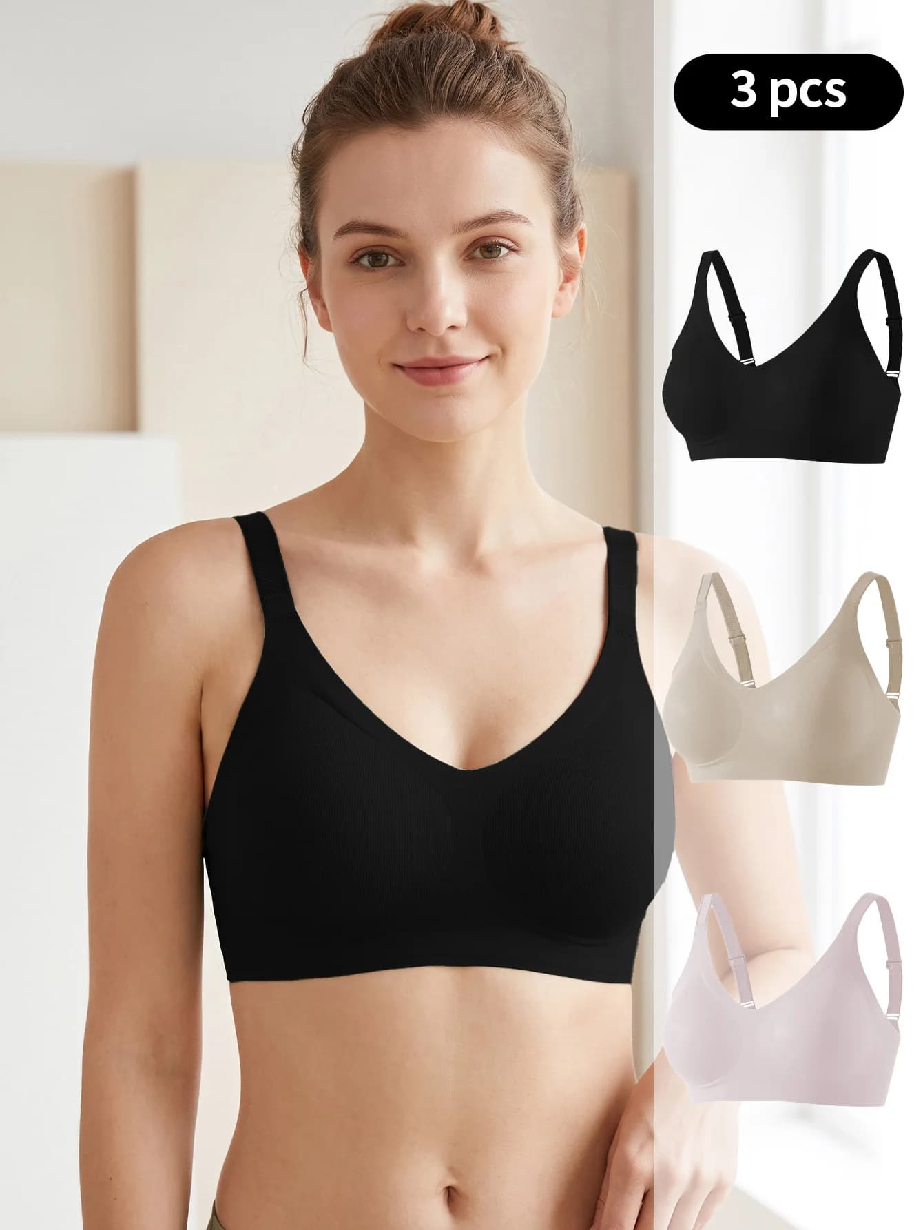 3PCS Set Women Seamless Knit Wireless Bra V-Neck Adjustable Shoulder Straps No Steel Ring Soft Comfort Daily Wear Sports Bra
