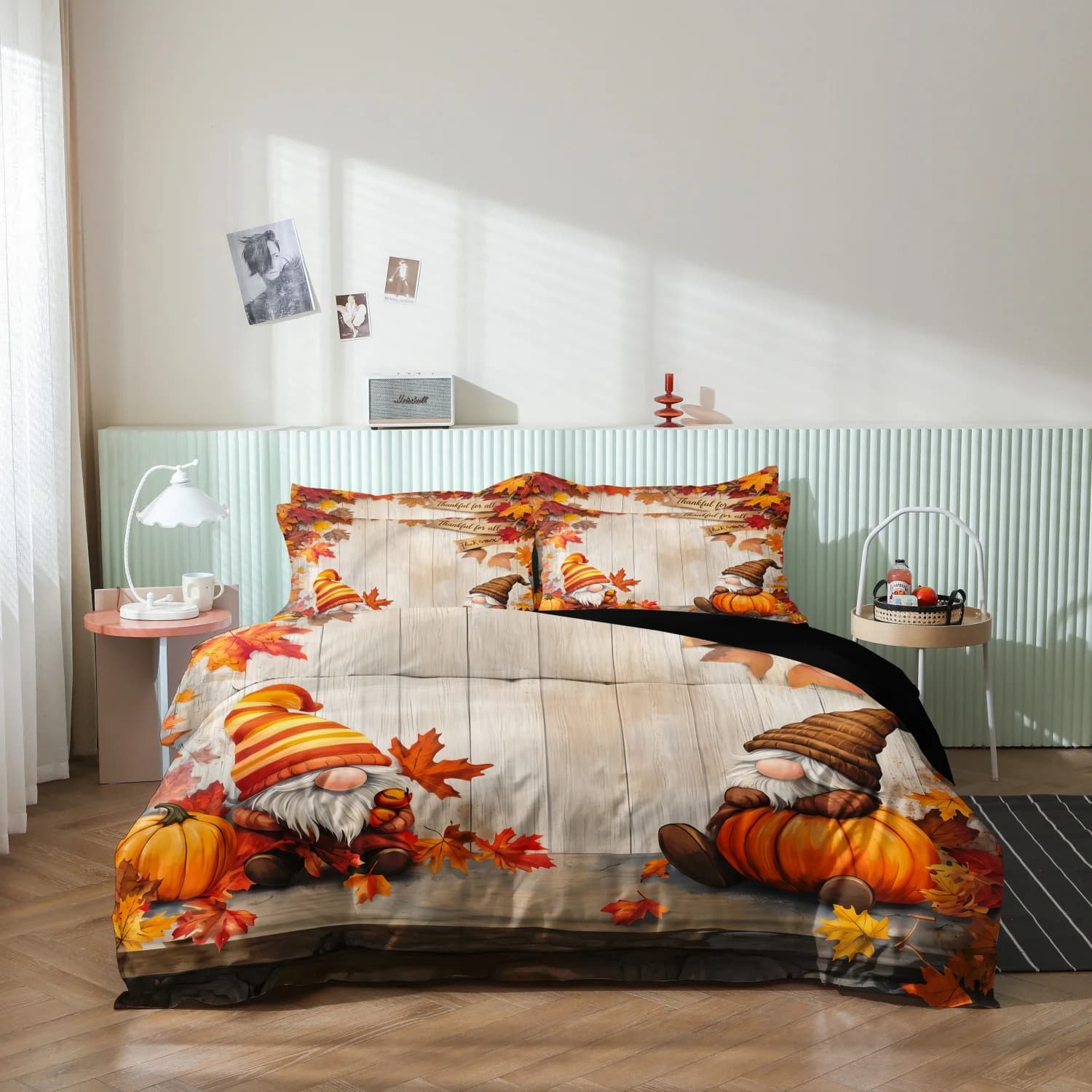 3 Pieces Fall Harvest Thanksgiving Print Duvet Cover Set, Rustic Wood Cute Gnome Pumpkin Maple Leaf Print Bedding
