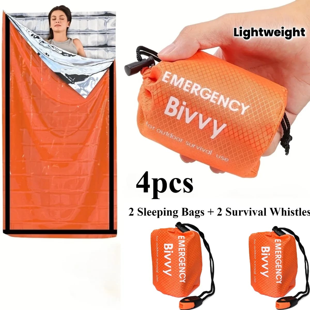 Set of 4 bags in Pelo d'Emergenza (2 sacchi a Pelo + 2 Fischietti di Suvvivenza), Emergenza Refuge Bag, Emergenza Thermal Cover in Mylar