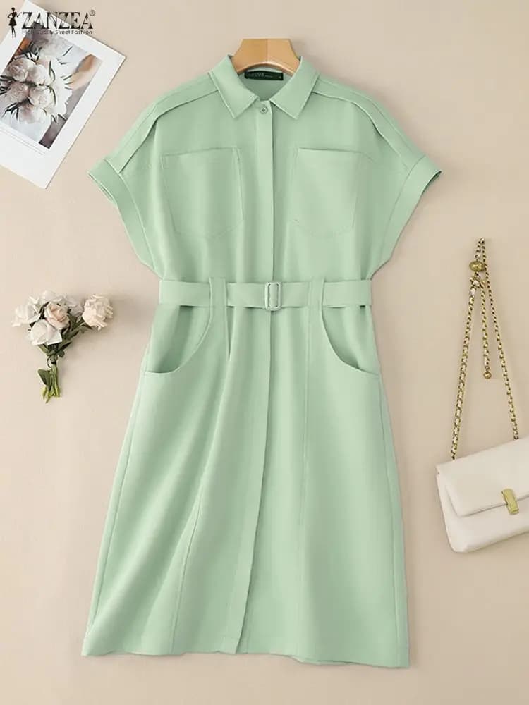 ZANZEA Women's Casual Patchwork Shirt with Belt Overturned Sleeve Short Sleeve Knee Dress S-3XL Workwear