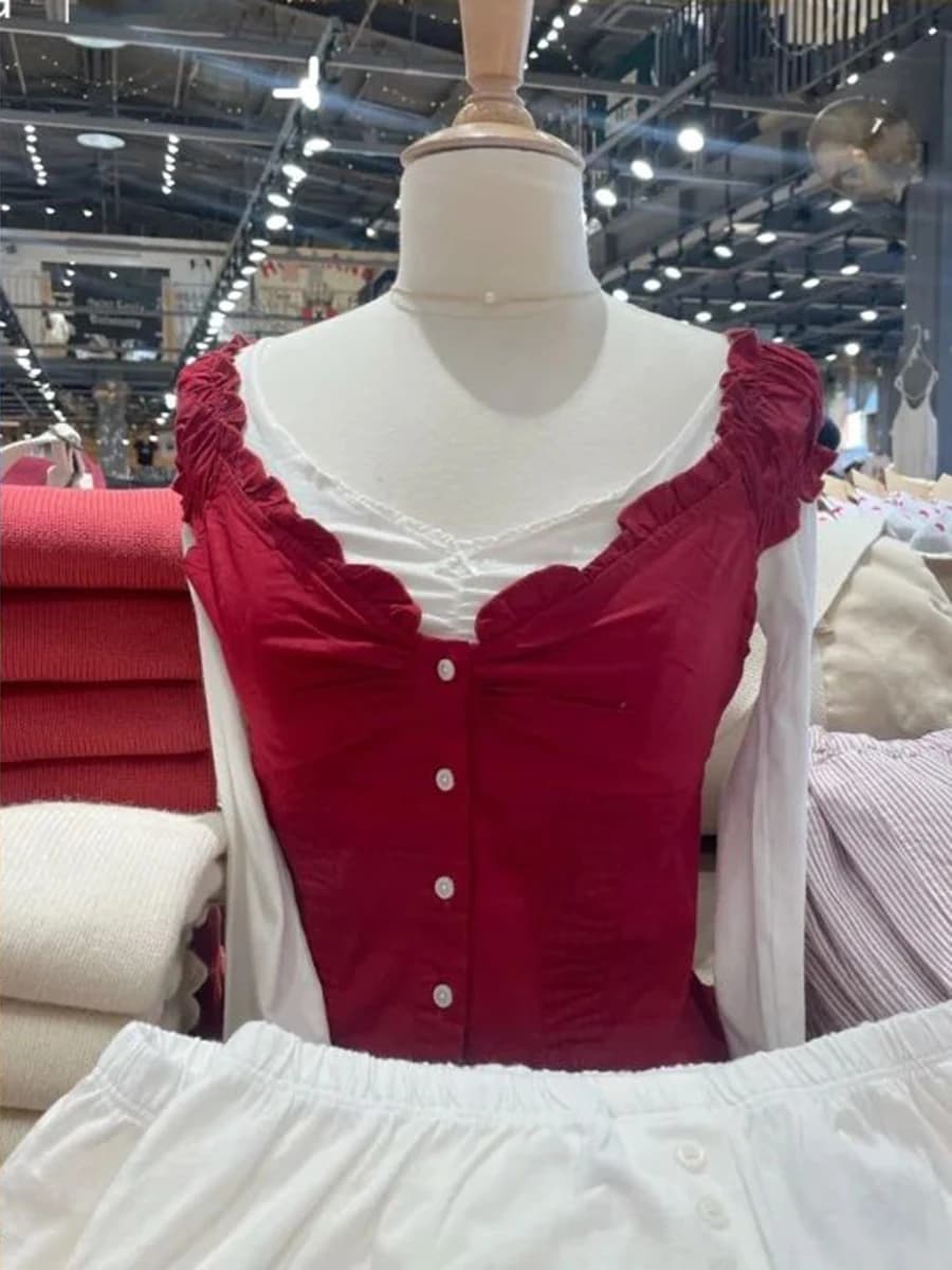Red Ruffles Slim T-shirt Blouse Woman Summer Folds Single Breasted Short Sleeve Cotton Tee Shirt Simple Basic Tshirt Crop Top