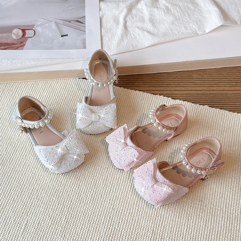 Summer Girl's Sandals Flat Glitter Beading Lovely Kids Princess Shoes For Party Wedding Square Toe Children Dress Shoes 21-33
