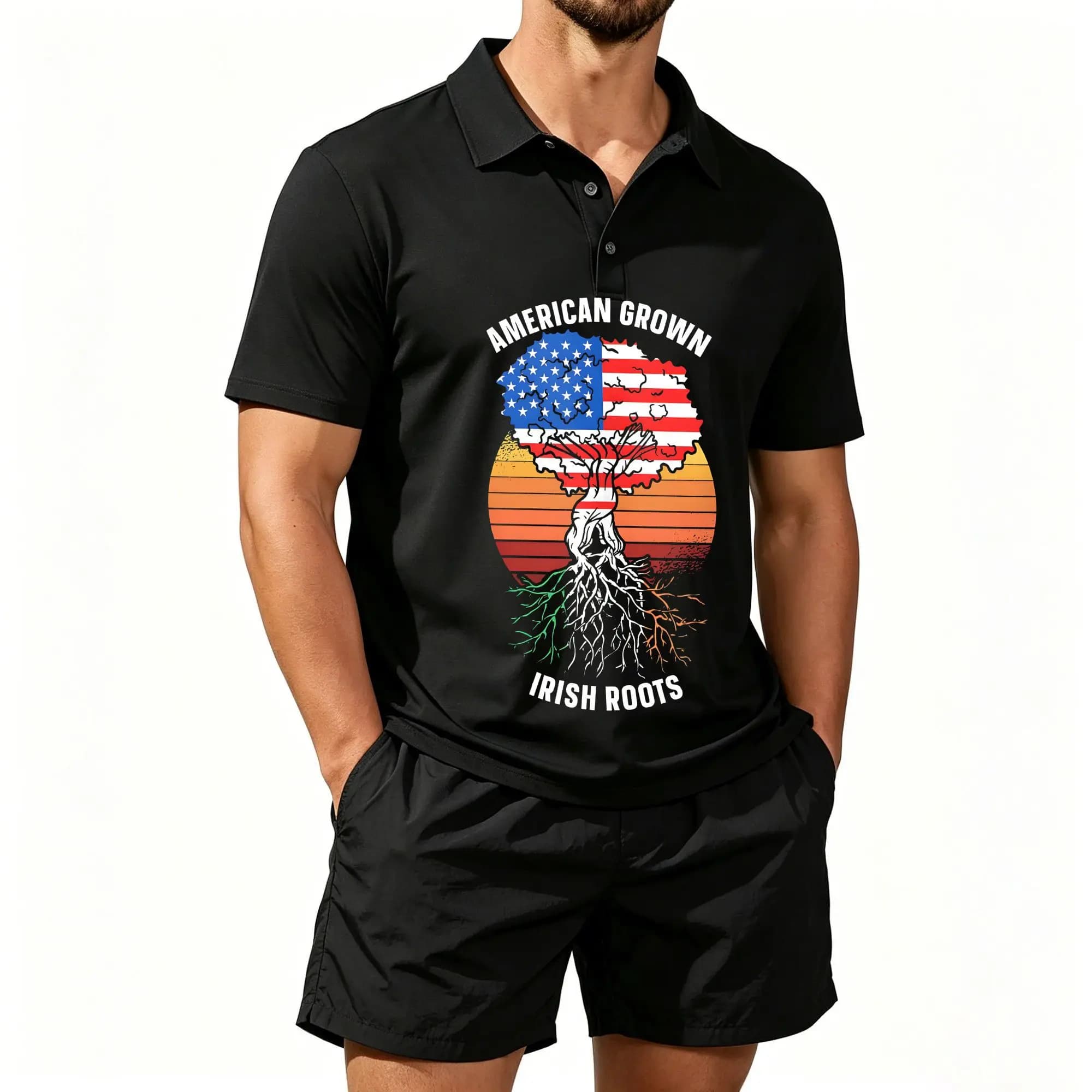 Men's Polo Beach Shorts Set, Born in America, Irish Bloodline Tree Print Set, Casual and Comfortable Fit