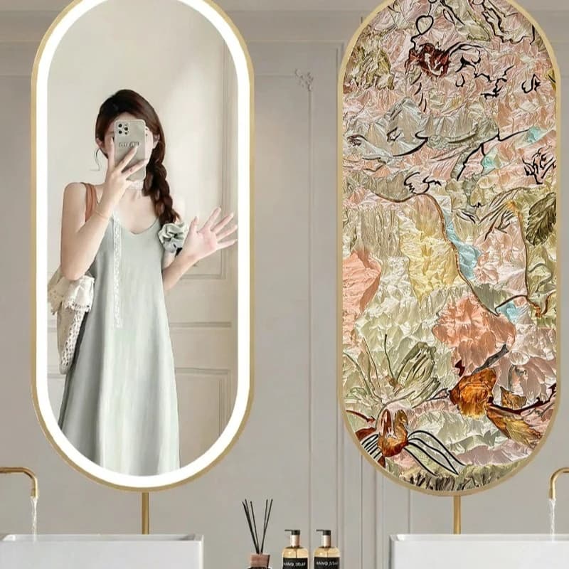 Light luxury enamel color screen partition bathroom mirror with lamp dresser makeup mirror