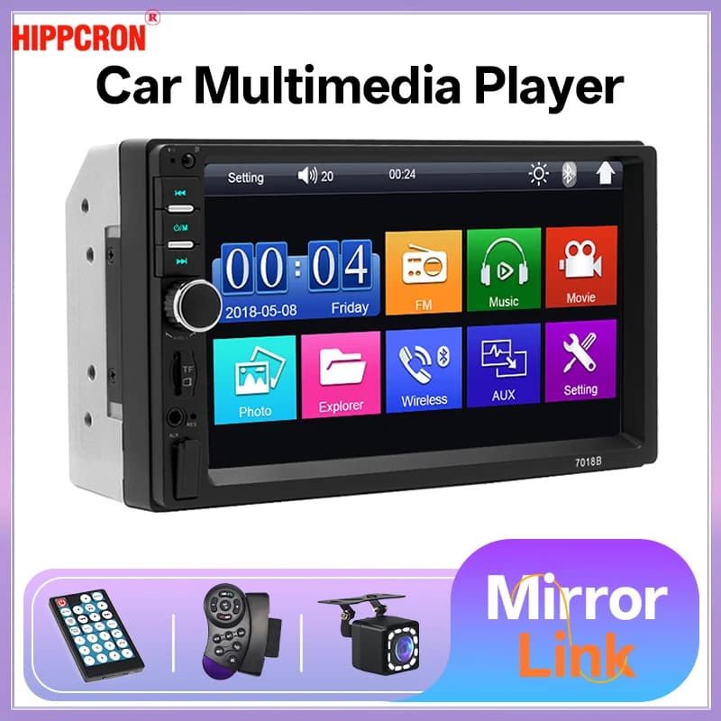 Hippcron Autoradio 2 Din Bluetooth HD 7" Lettore multimediale MP5 Touch Screen FM USB ISO Alimentazione Aux Ingresso Supporto Telecamera per retrovisione