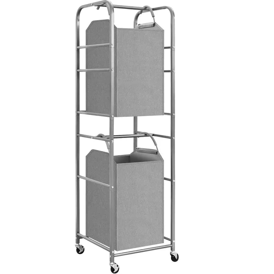 Vertical 2-level whitewashing basket, 2-section Bucato Organizer with 2 removable bags, Whiteware basket with Wheels for Towels, Covers