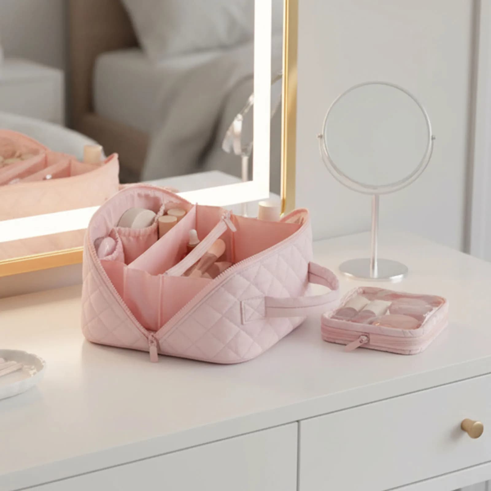 Borsa da Viaggio per Trucchi con Scomparto per Pennelli e Manico, Pochette Imbottita, Beauty Case da Viaggio, Borsa per Toilette da Donna