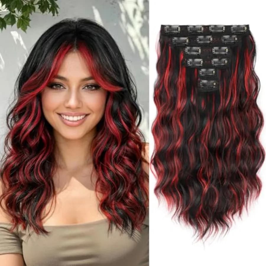 Short Hair Extensions 6PCS 14 Inch Wavy Curly Hairpieces Synthetic Soft Lace Weft Clip in Hair Extensions-Black Mix Red Highlig