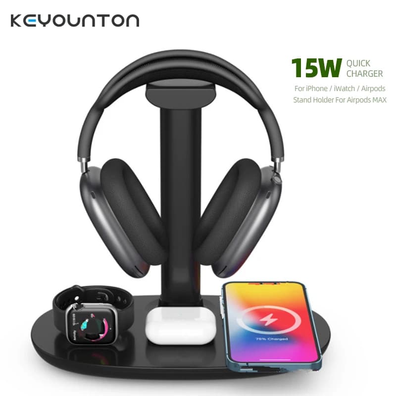 Supporto per cuffie 4 in 1 da 15 W, stazione di ricarica wireless veloce per iWatch, AirPods Pro/2, iPhone 13, 12, 11, Samsung S21