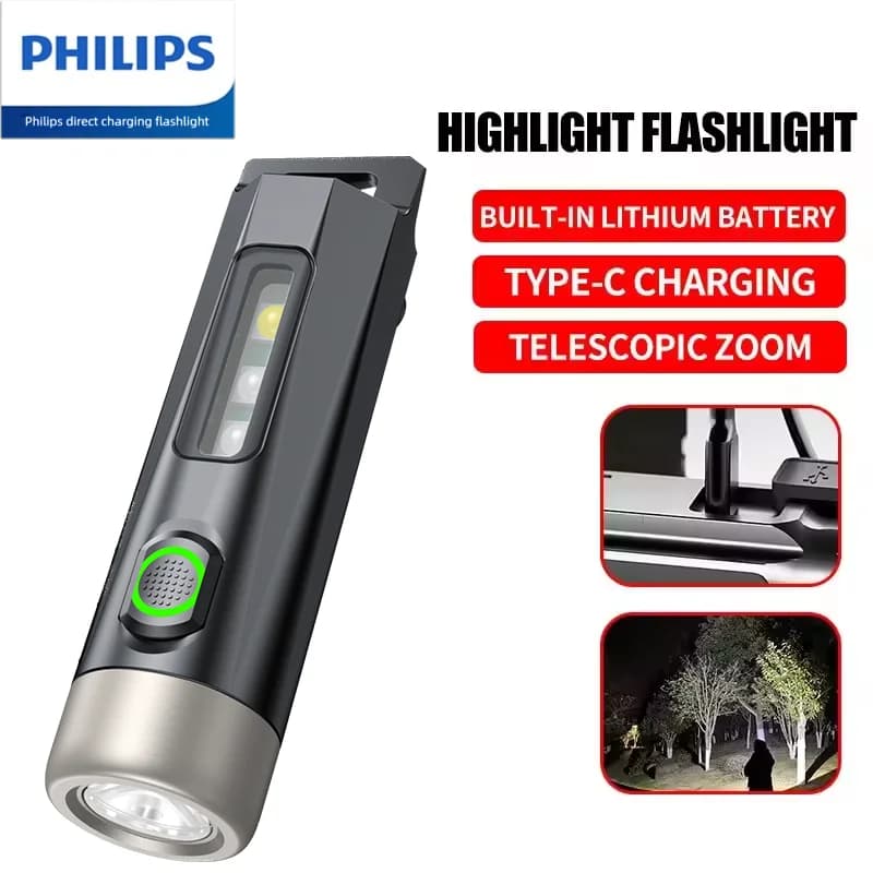 PHILIPS 2025 Super Bright LED Flashlight Rechargeable Mini EDC Keyring Flashlight Camping Lamp for Hiking Self-Defense