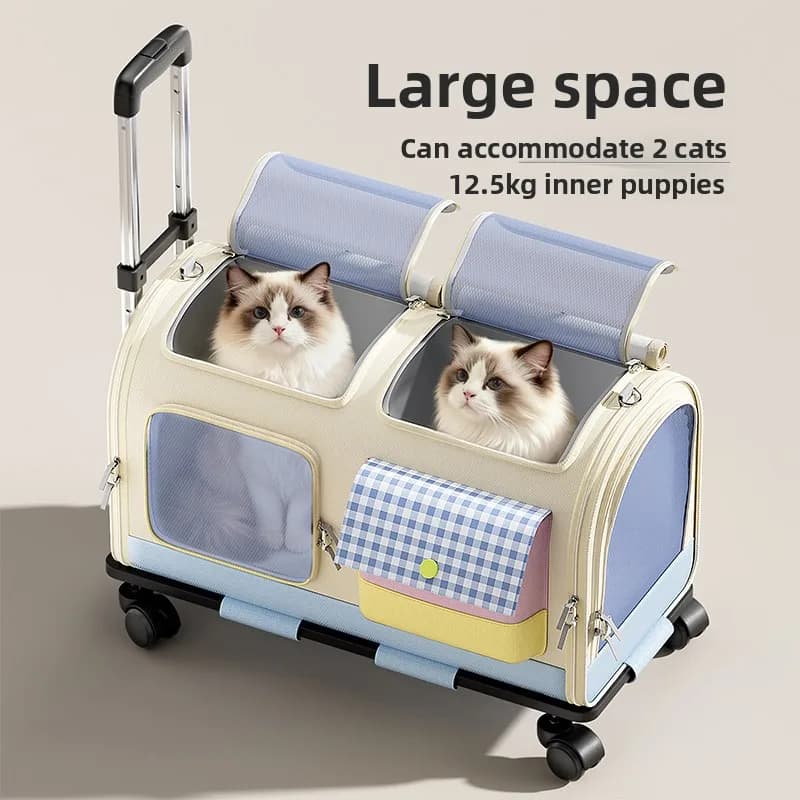 Large Capacity Cat Travel Suitcase Multi-Cat Rolling Pet Carrier Portable Pull Rod Type Dog Crate Breathable Pet Transport Cart