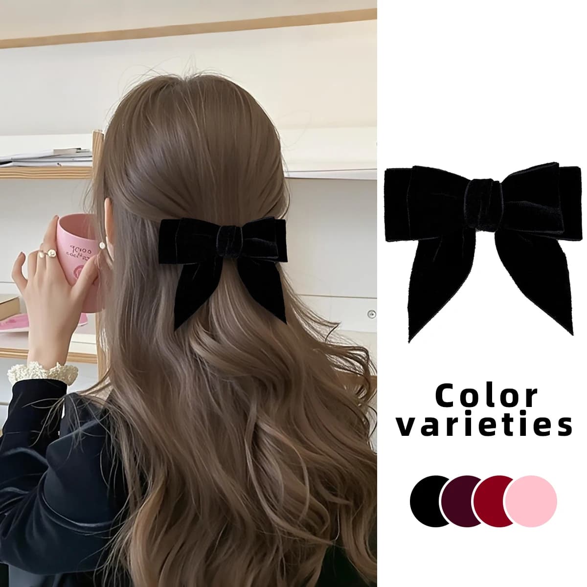 Una semplice forcina con fiocco in velluto dalla Corea del Sud, un accessorio per capelli delicato e di fascia alta con uno stile scolaretta