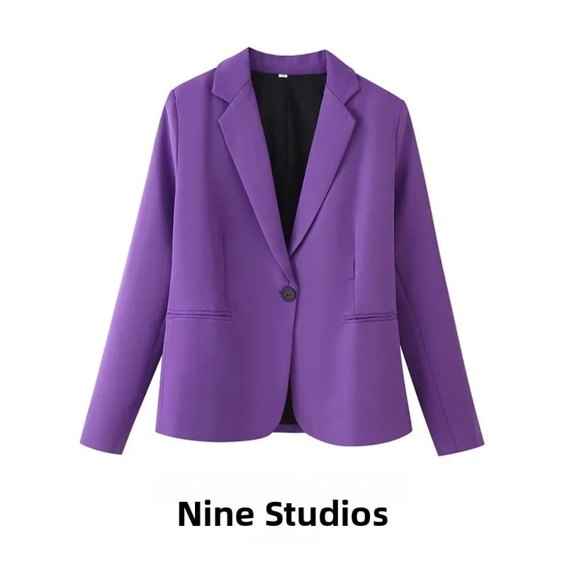 NINE ZAR Women's Single-Button Long-Sleeve Notch-Collar Commute Jacket Double-Row Buttons Fashionable Suit Outerwear