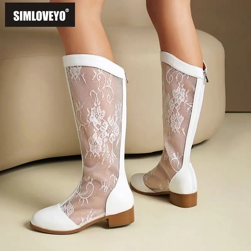 ASILETO Brand Female Knee High Boots Round Toe 3.5cm Block Heels Zipper Breathable Mesh Oversize 46 47 48 Booties Autumn