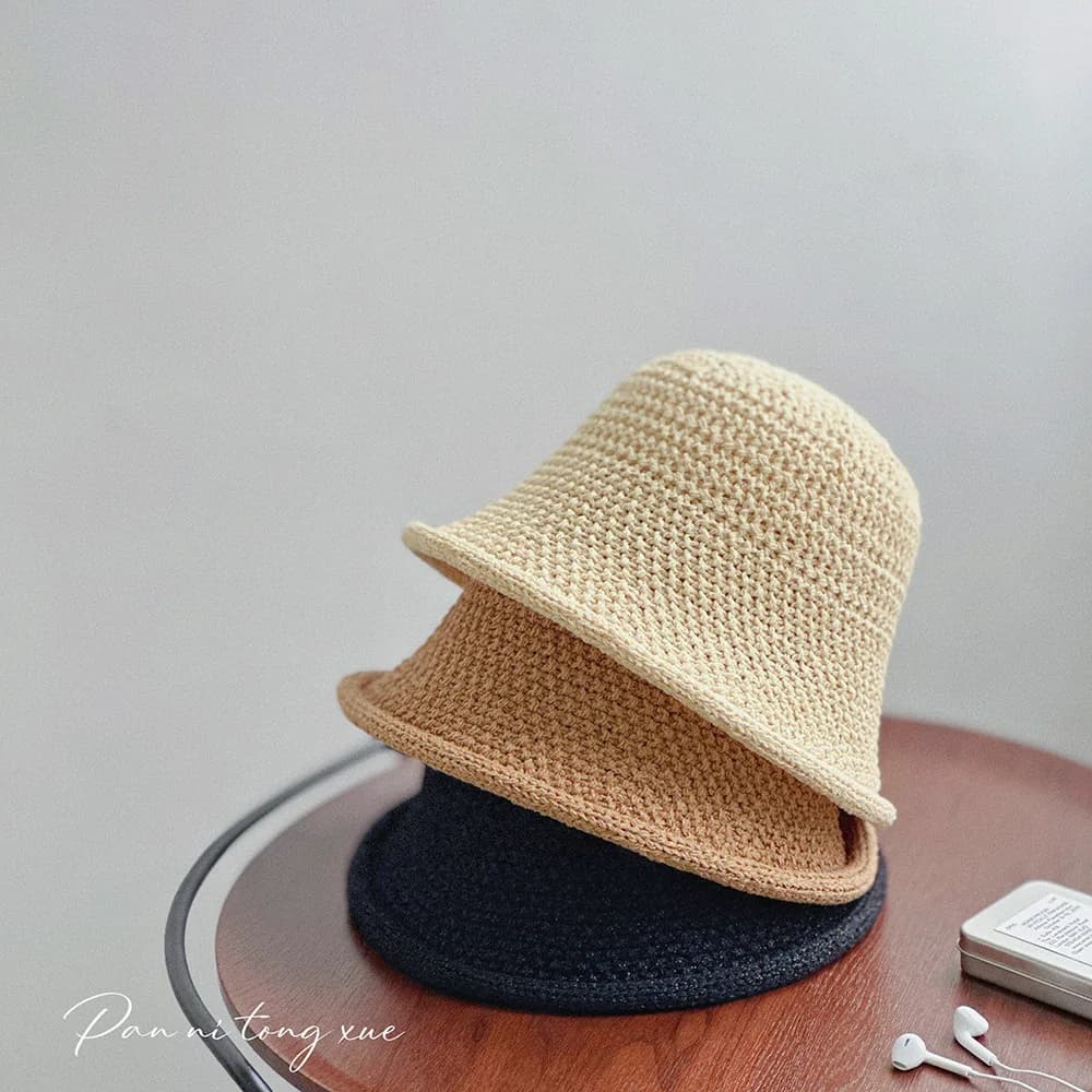 Women's Hollow Knitted Solid Bucket Hat, Lightweight Round Crown Korean Fisherman Cap, Large Size Breathable Summer Sun Hat