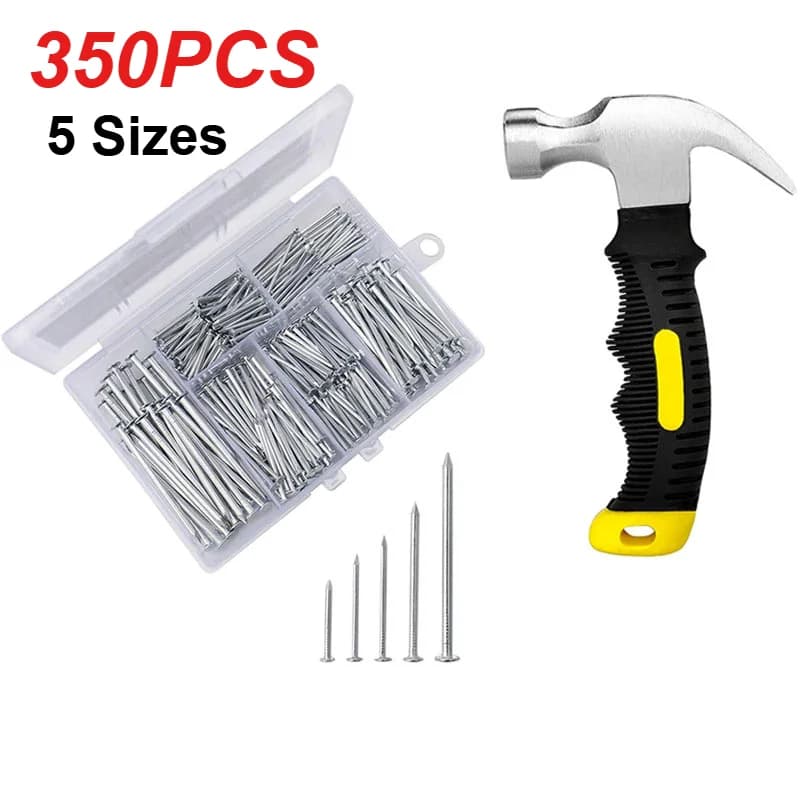 Set di 350 chiodi in 5 misure con scatola portautensili, chiodi da parete, chiodi multi-misura per pannelli in legno, chiodi per cornici